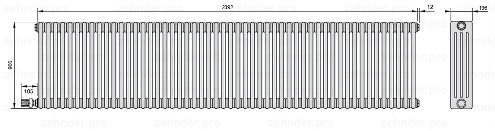 Схема (чертеж) Радиатор Zehnder Charleston 4090/52 №V003 Белый глянцевый RAL 9016